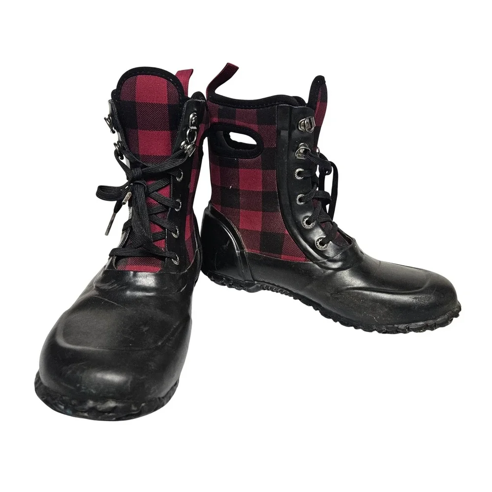 Bogs Sidney Lace PLD Youth 4 Black Red Buffalo Plaid Waterproof Winter Boots